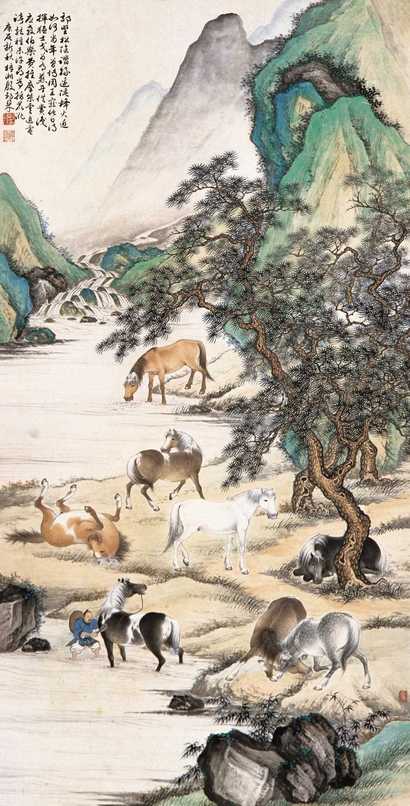 殷梓湘 八骏图 立轴